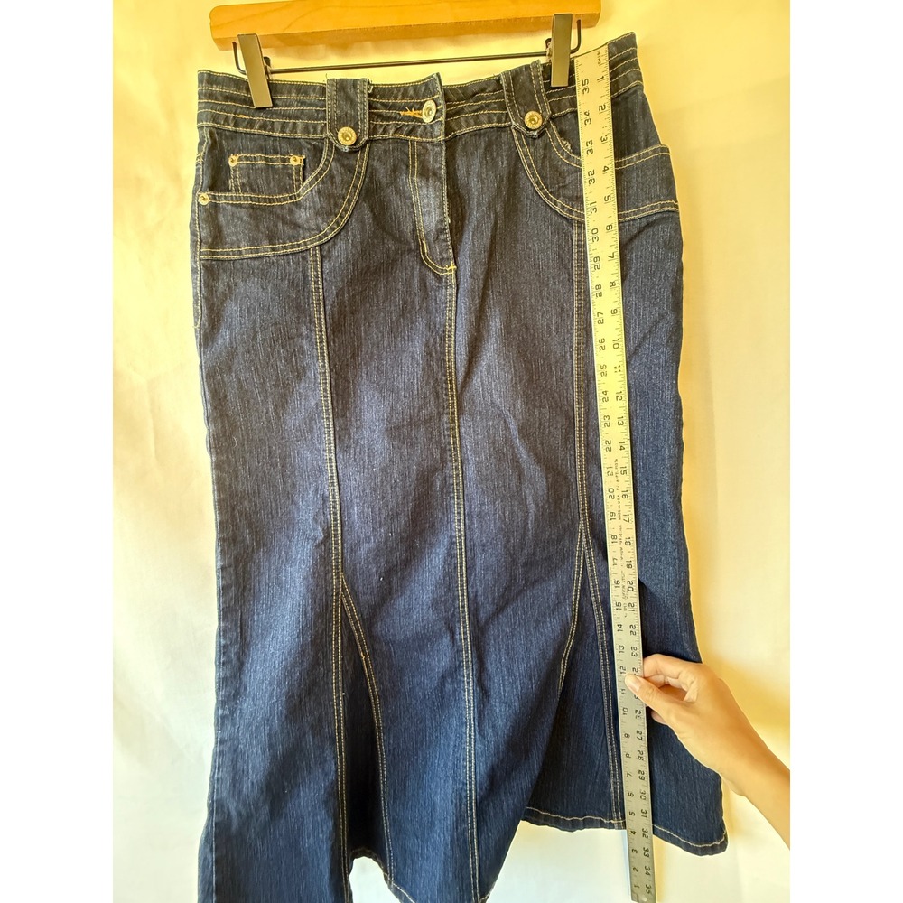 Utility Womens Dark Wash Denim Midi Skirt Contrast Stitch Size 12 Flared Indigo - Picture 4 of 6